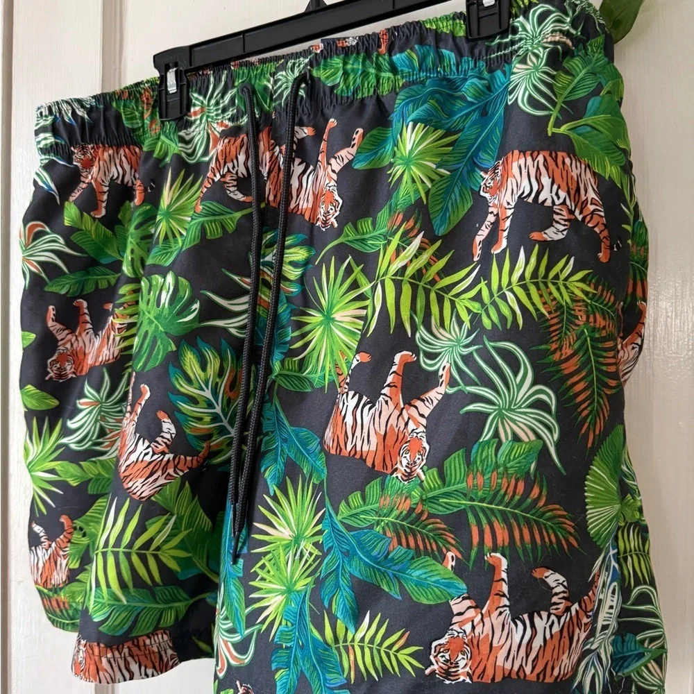 George Jungle Print swim Shorts with Tiger and Leaf Design